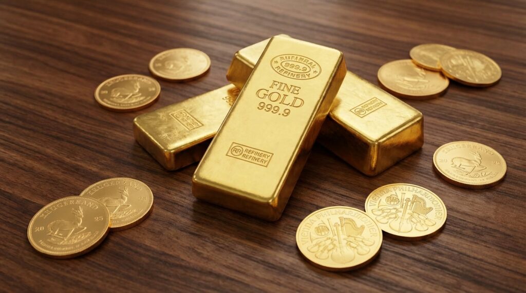 Fizyczne sztabki złota i monety jako bezpieczna ochrona kapitału przed inflacją.